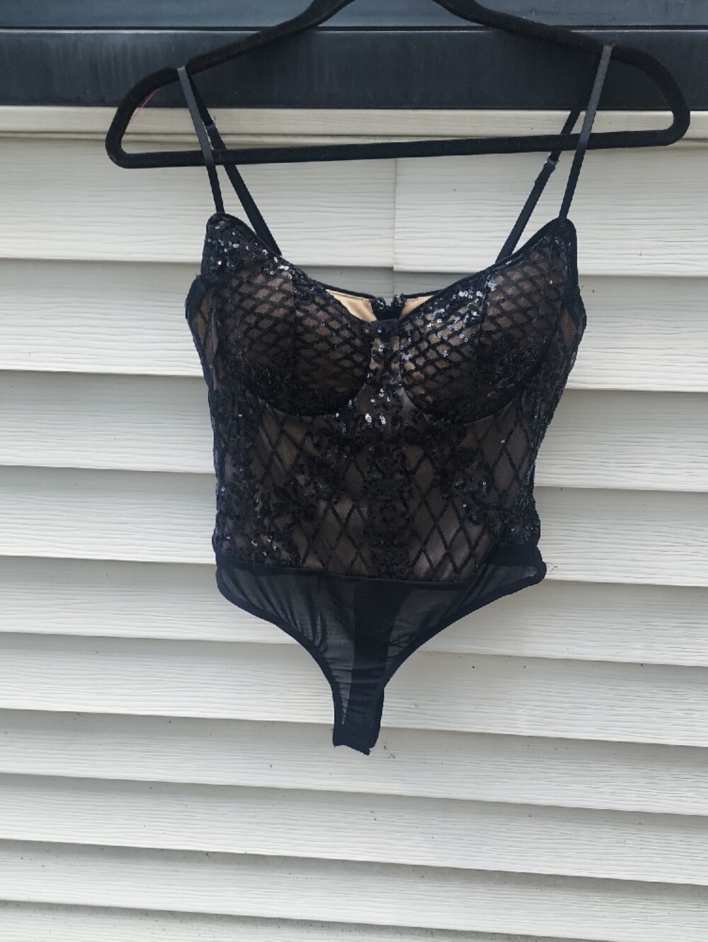 Lulu's Black and Nude Sequin Contrast Lined Bodysuit, Snap Closure - Picture 6 of 10
